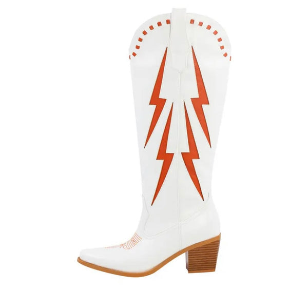 Women Fashion White Color Patchwork Knee High Western Boots