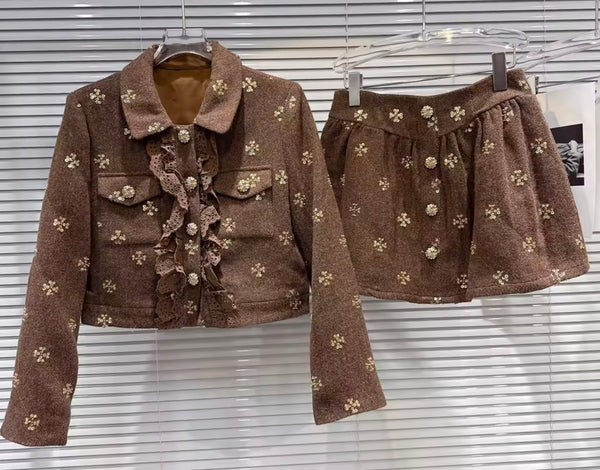 Women Brown Sequins Full Sleeve Blazer Two Piece Skirt Set