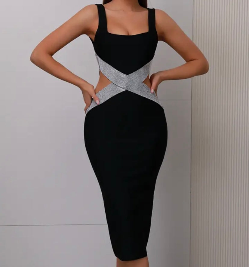 Women Sexy Solid Color Sleeveless Bling Cut Out Dress