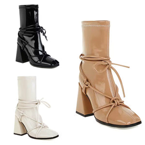 Women Fashion Color Patent Leather Lace Up Ankle Boots