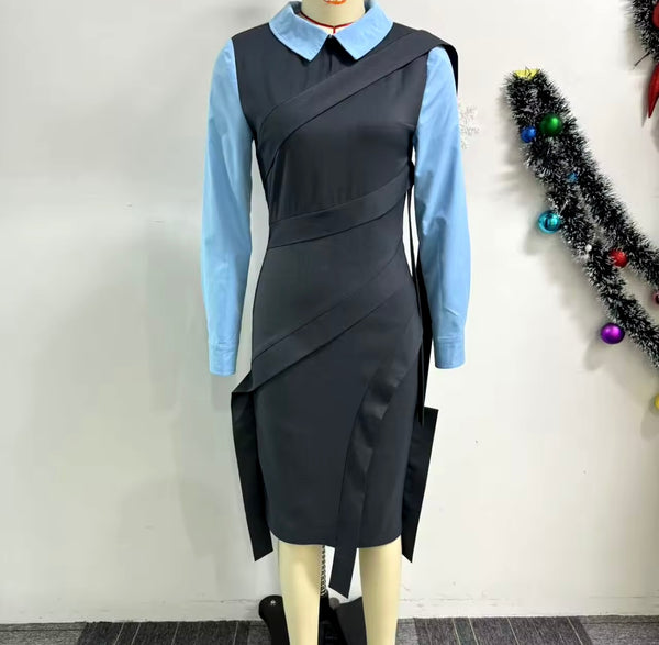 Women Collar Full Sleeve Color Patchwork Dress