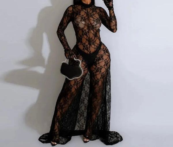 Women Sexy Black Lace Glove Full Sleeve Open Back Asymmetrical Jumpsuit