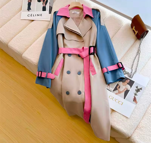 Women Fashion Color Patchwork Belted Trench Jacket