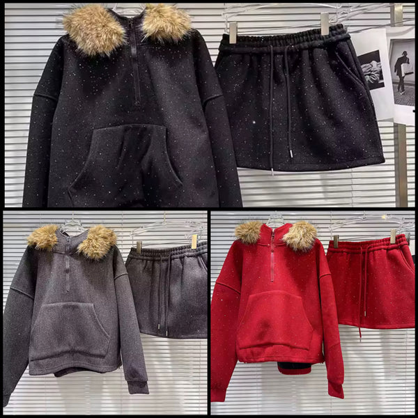 Women Fashion Bling Fur Hooded Two Piece Skirt Set