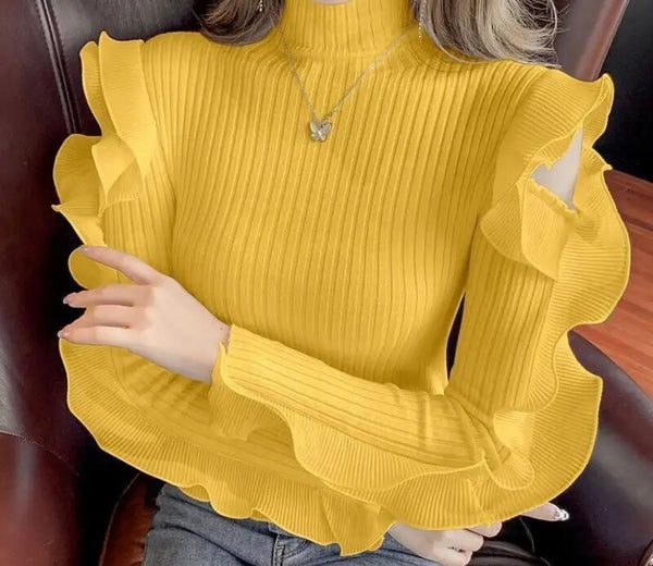 Women Fashion Turtleneck Ruffled Full Sleeve Ribbed Top