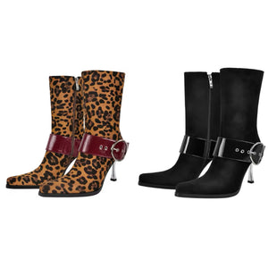 Women Fashion Leopard Suede PU Buckled Ankle Boots