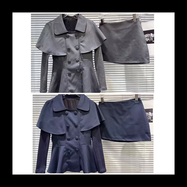 Women Ruffled Button Up Blazer Fashion Two Piece Skirt Set