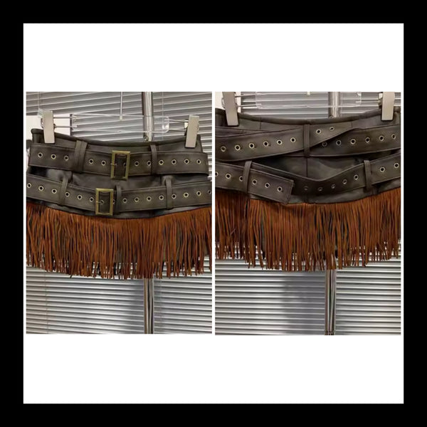 Women Fashion Buckled Fringe Tassel Faux Leather Skirt