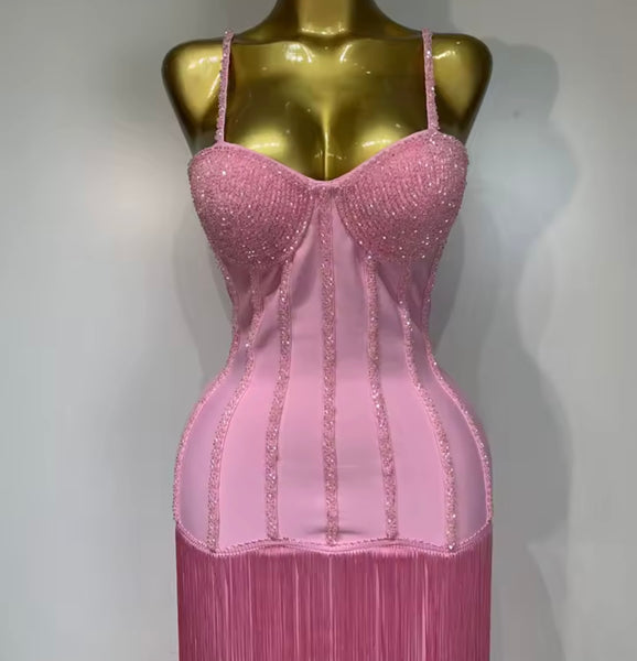 Women Rhinestone Sleeveless Fringe Tassel Sexy Maxi Dress