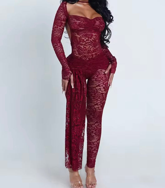 Women Sexy Lace Open Back Full Sleeve Bodysuit Two Piece Pant Set