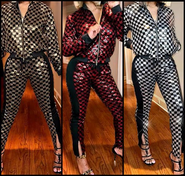 Women Fashion Sequins Zip Up Two Piece Tracksuit Pant Set