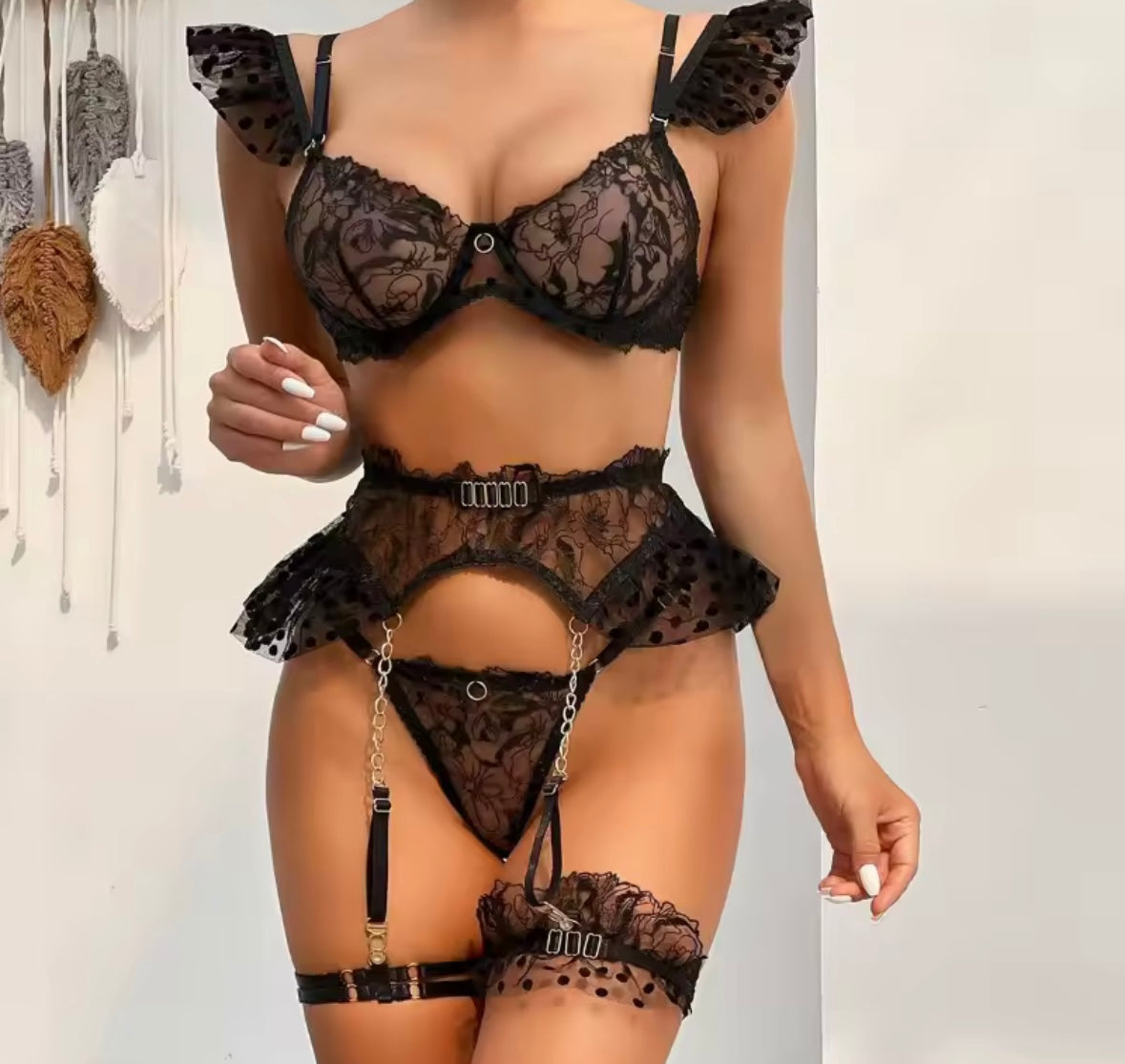 Women Sexy Ruffled Polka Dot Mesh Lace Lingerie Set