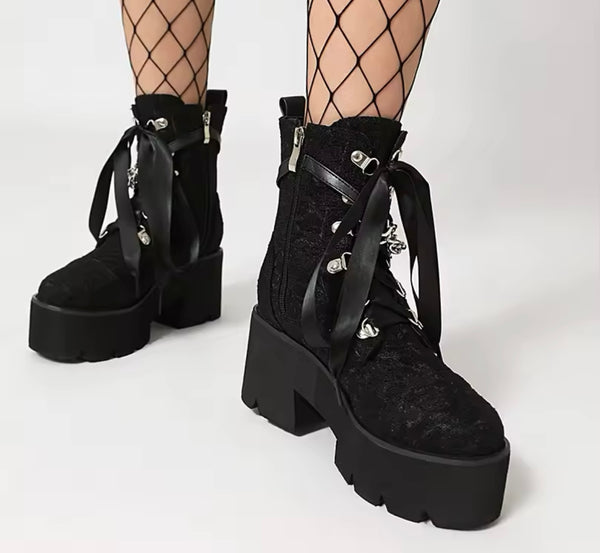 Women Fashion Lace Chain Platform Ankle Boots