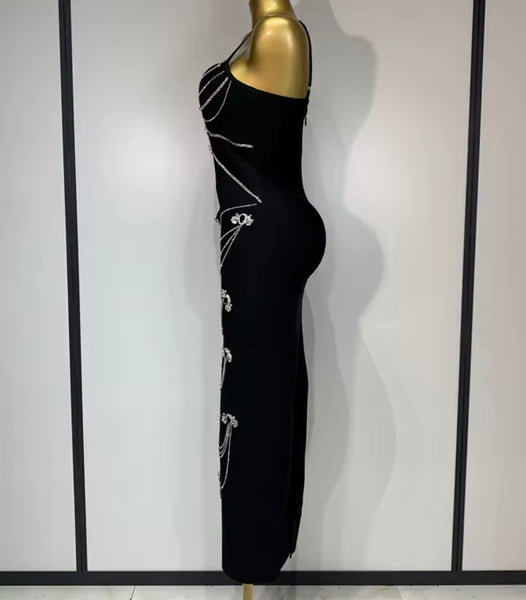 Women Sexy Sleeveless Black Bling Rhinestone Maxi Dress