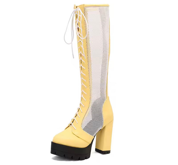 Women Color Buckled Mesh Lace Up Platform Knee High Fashion Boots