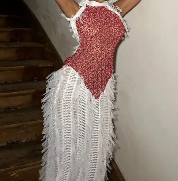 Women Sexy Halter Sleeveless Fringe Mesh Maxi Dress