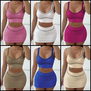 Women Sleeveless Striped Crop Sexy Two Piece Skirt Set