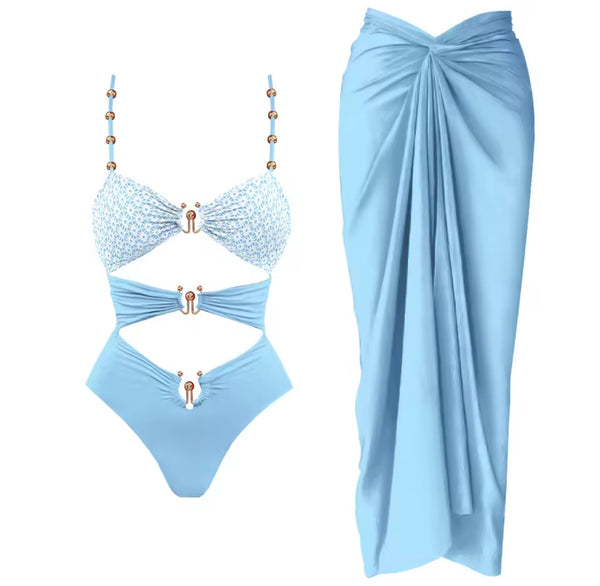 Women Sexy Color Printed Metal Cut Out Swimsuit Cover Up Set
