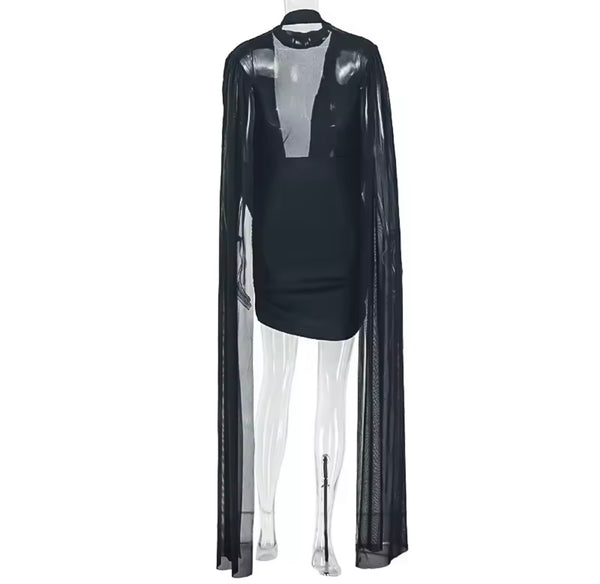 Women Black Sexy Draped Mesh Dress