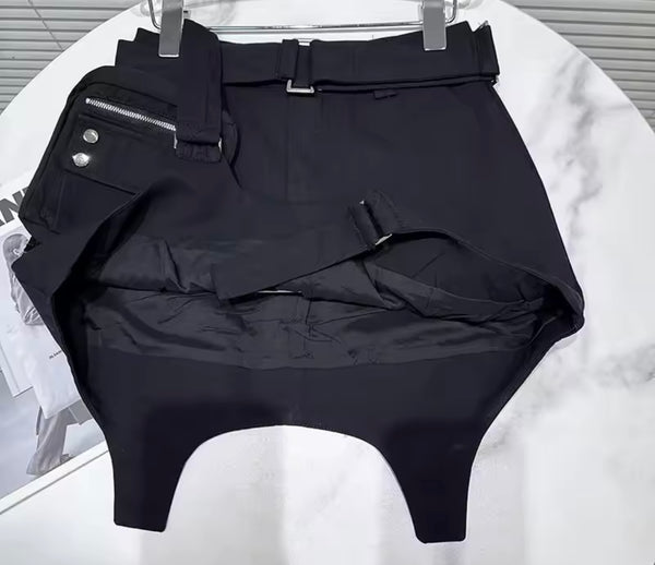 Women Black Fashion Pocket Belt Skirt
