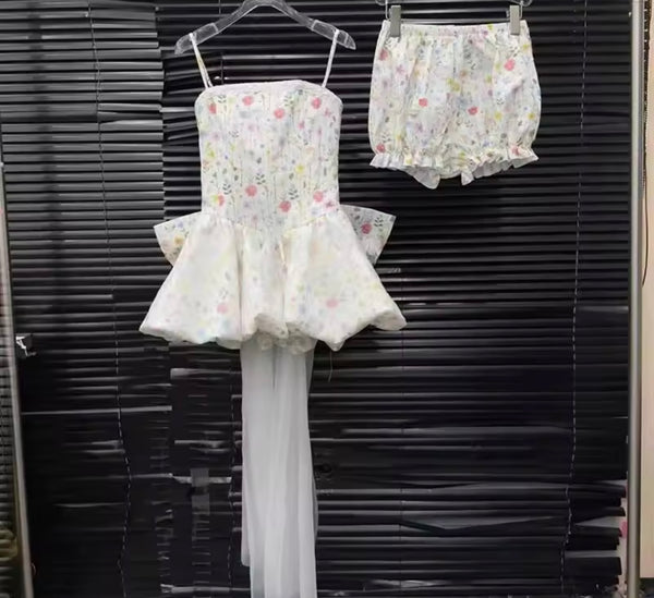 Women Floral Strapless Bow Two Piece Dress Set