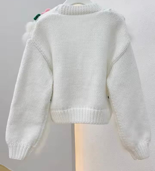 Women Fashion 3D Floral Furry Button Up Sweater Top