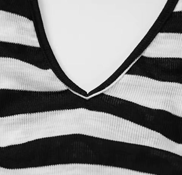 Women Sexy B&W Ribbed Full Sleeve See Through Maxi Dress