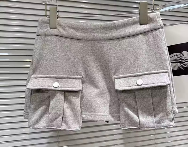 Women Gray Pocket Zip Up Fashion Two Piece Skirt Set