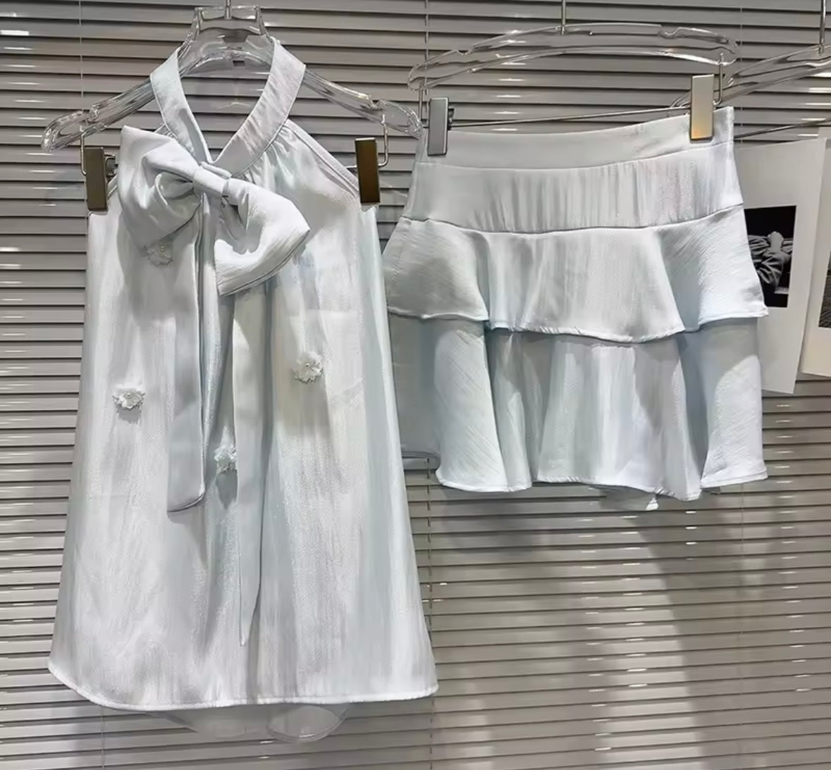 Women Bow Halter Sleeveless Ruffled Two Piece Skirt Set