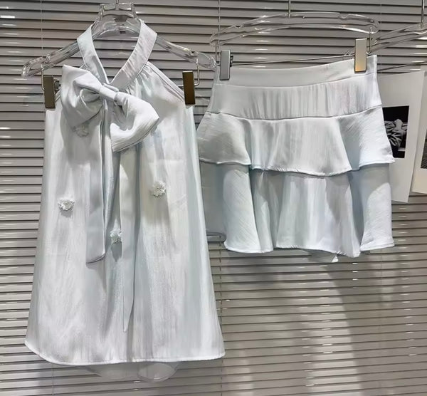 Women Bow Halter Sleeveless Ruffled Two Piece Skirt Set