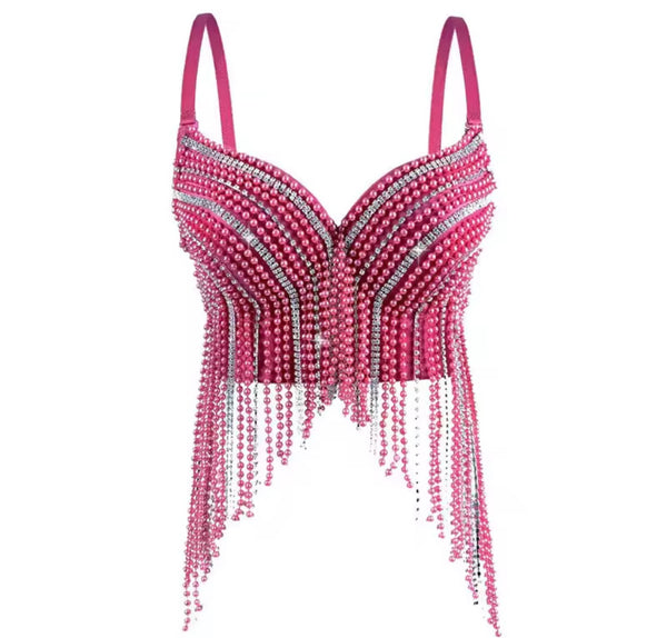 Women Fashion Sleeveless Beaded Bling Tassel Crop Top