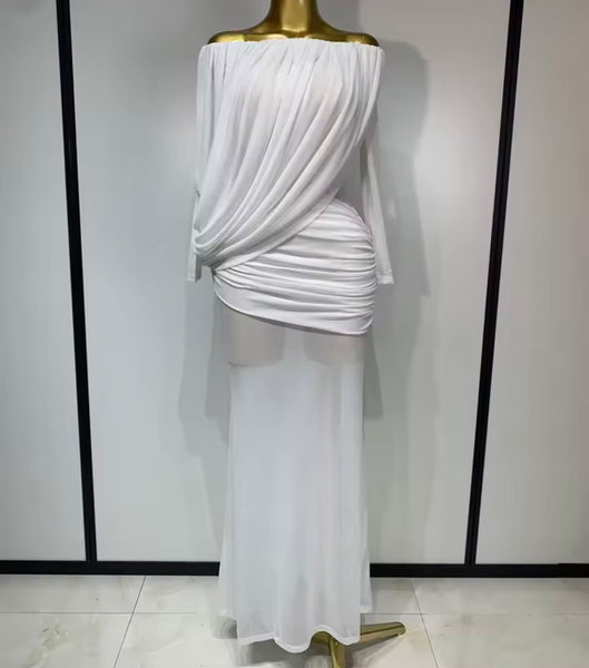 Women Off The Shoulder Ruched Full Sleeve Sexy Maxi Dress