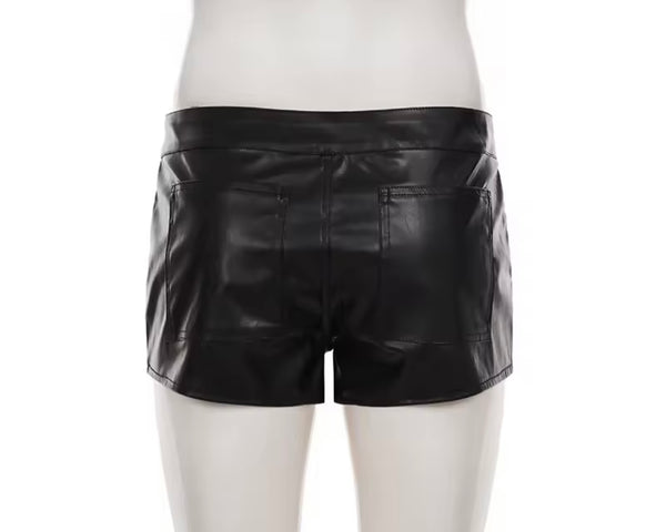 Women Black Zipper Faux Leather Fashion Shorts