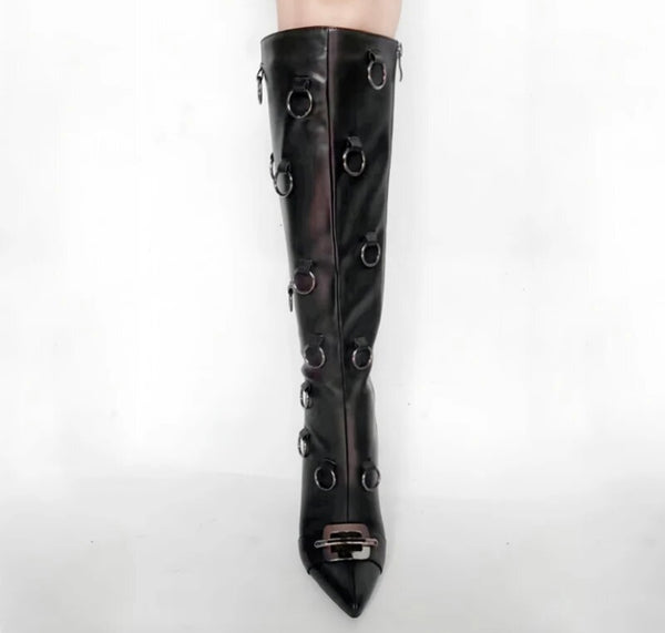 Women Fashion Black Metal Ring Knee High Boots