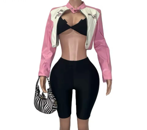 Women Sexy Zip Up Jacket Two Piece Fashion Short Set