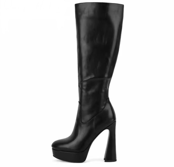 Women Color Platform High Heel Faux Leather Knee Length Boots
