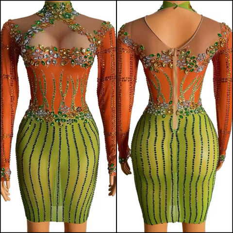 Women Sexy Rhinestone Color Patchwork Full Sleeve Mesh Dress