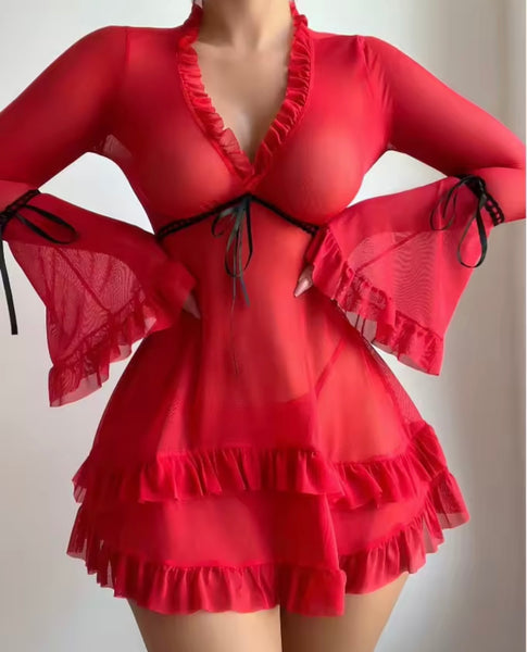 Women Sexy Bow Mesh Ruffled Full Sleeve Lingerie Set