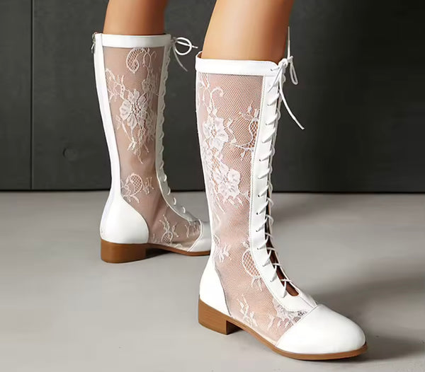 Women Fashion Lace Patchwork Tie Up Flat Boots