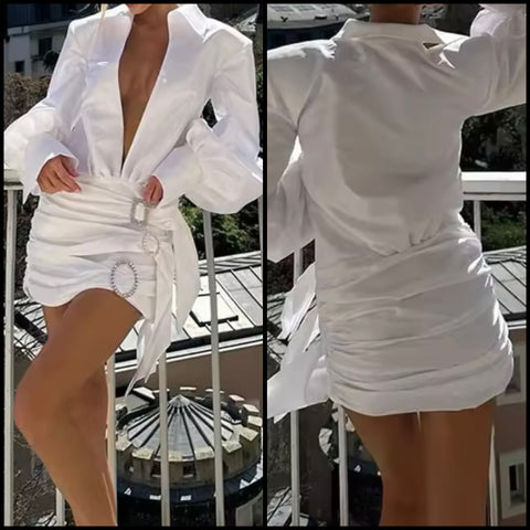 Women White Sexy V-Neck Full Sleeve Bling Ruched Dress