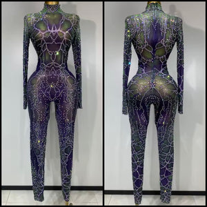 Women Sexy Mesh Rhinestone Full Sleeve Jumpsuit