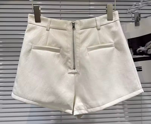 Women Fashion Zip Up High Waist Faux Leather Shorts
