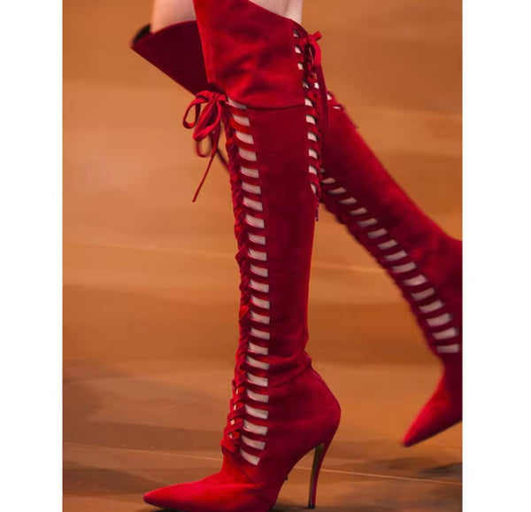 Women Color Fashion Pointed Toe Tie Up Suede Knee High Boots