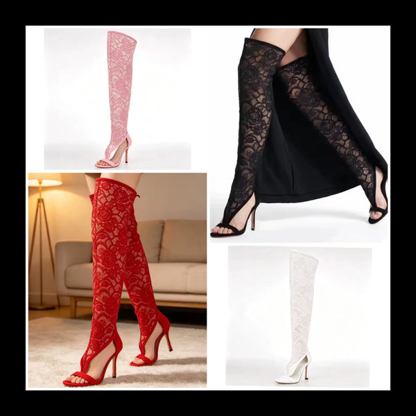 Women Fashion Open Toe Lace High Heel Knee High Boots