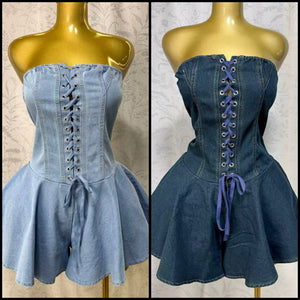 Women Sexy Fashion Strapless Lace Up Denim Romper