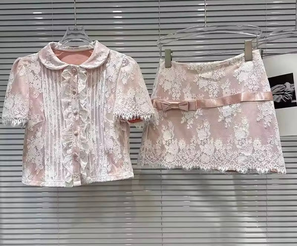 Women Button Up Lace Bow Short Sleeve Two Piece Skirt Set
