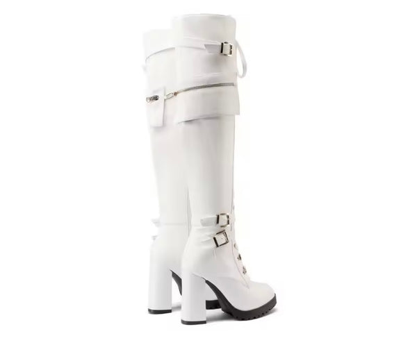 Women Fashion Pocket Buckled Lace Up Platform Knee High Boots