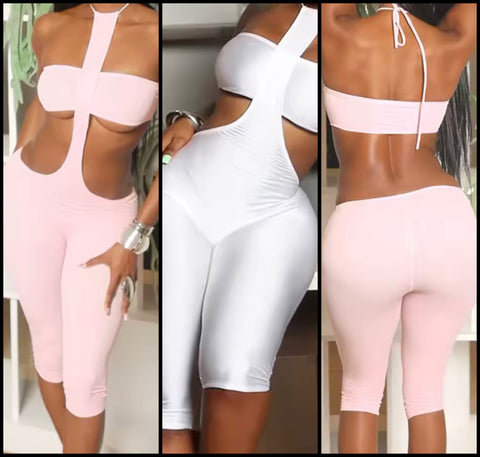 Women Sexy Halter Sleeveless Solid Color Cut Out Romper