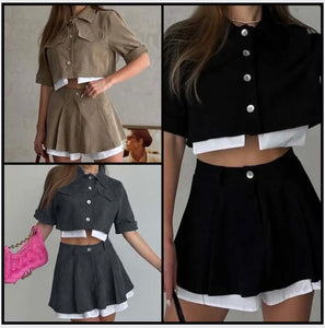 Women Sexy Button Up Short Sleeve Two Piece Pleated Skirt Set