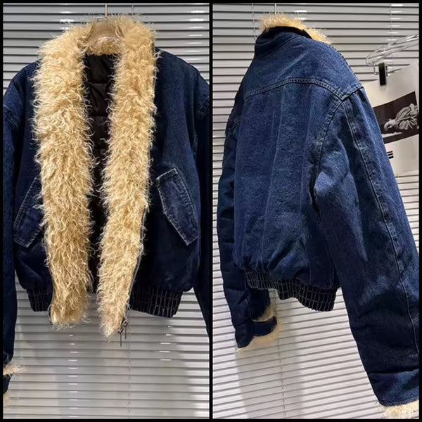 Women Fashion Fur Patchwork Denim Jacket